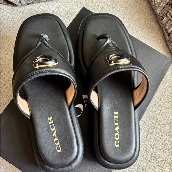 Coach Sylvia Black Leather Sandals with Gold Accent - Picture 2 of 4